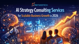 AI strategy consulting services illustration showing a humanoid robot presenting business growth charts, data analytics dashboards, and upward trend graphs for scalable business growth in 2026