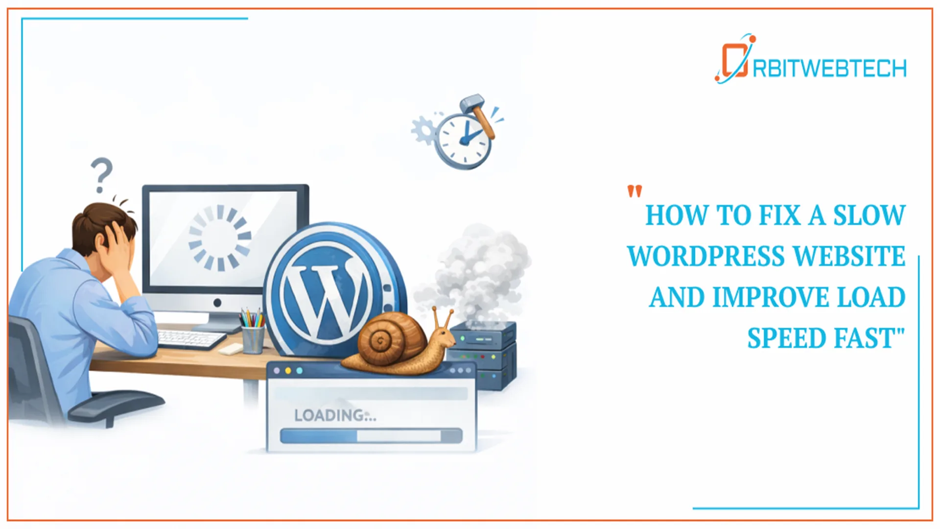 Slow WordPress website illustration showing loading screen, frustrated user, WordPress logo and server speed optimization concept
