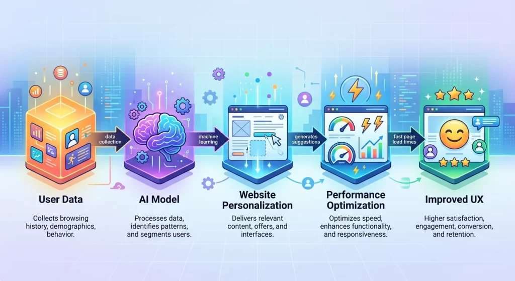 AI in web development process infographic showing user data, AI model, website personalization, performance optimization, and improved user experience