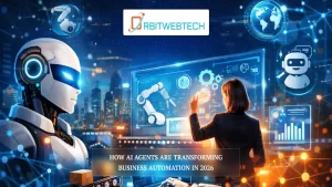 Illustration of AI agents and robotics automating business processes and digital transformation in 2026