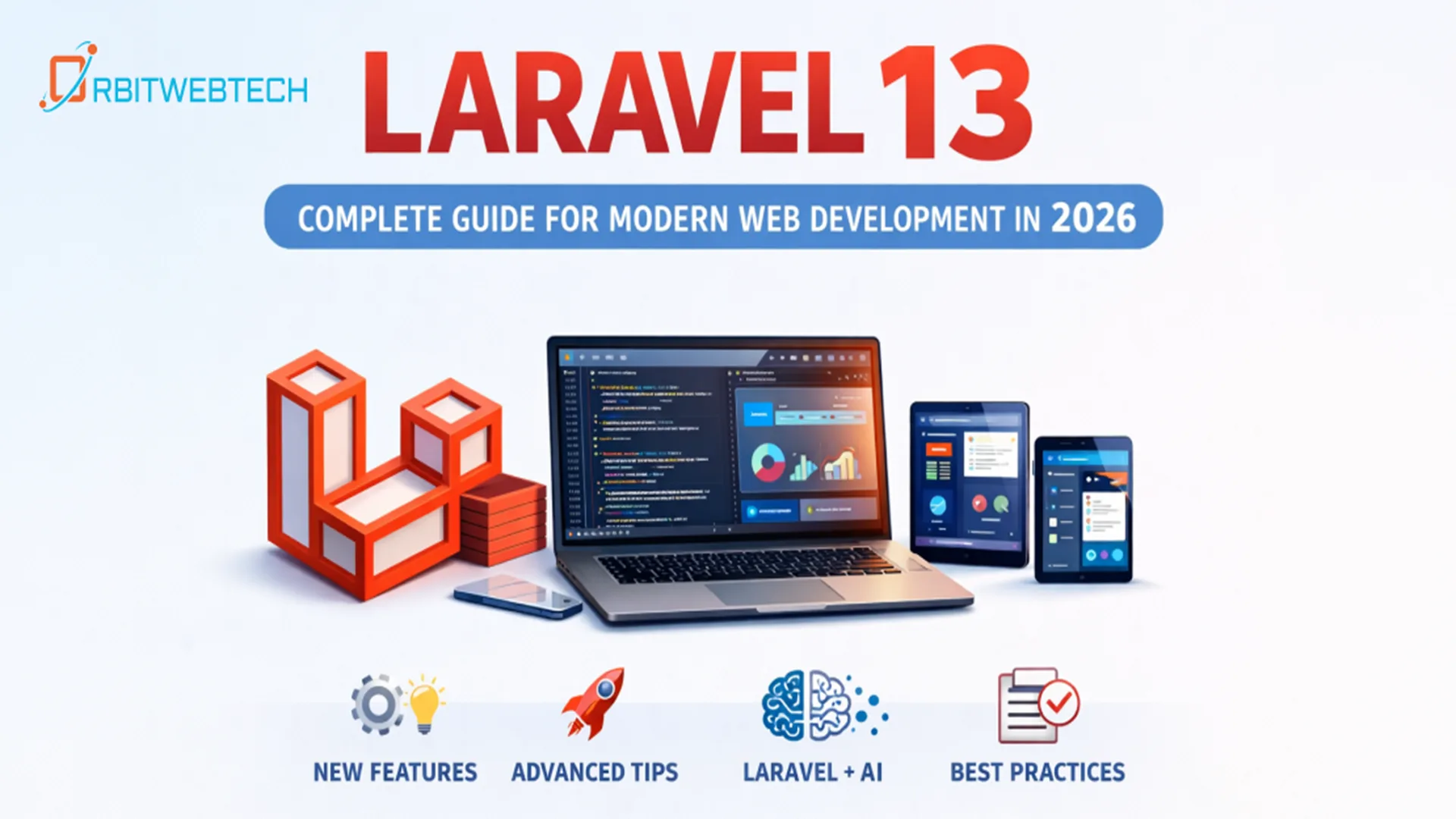 Laravel 13 complete guide for modern web development in 2026 with laptop, mobile apps, and feature highlights illustration